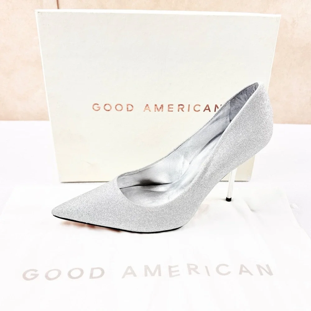 GOOD AMERICAN Emma Glitter Heel Silver Sparkly Pointed Toe Stiletto Size 10 NWOB